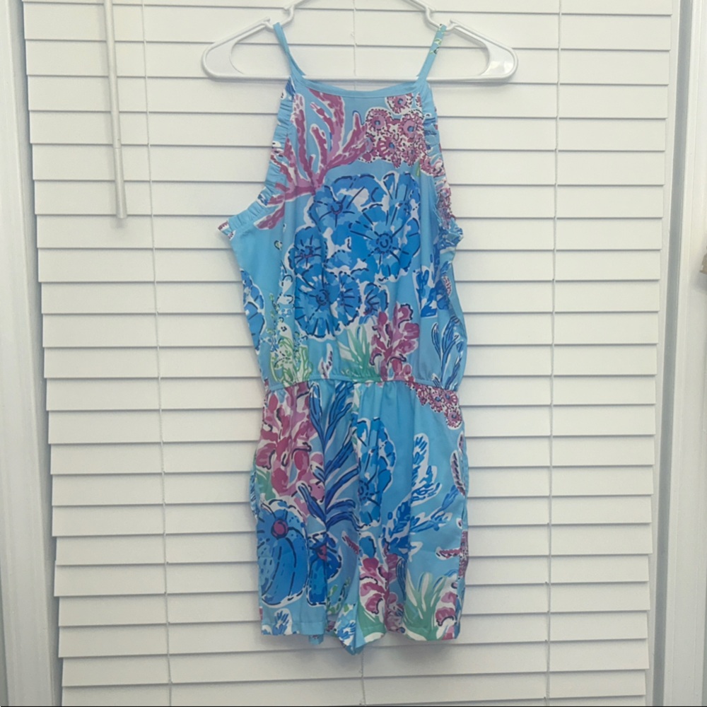 Blue Floral Spaghetti Strap Romper w/ Pockets